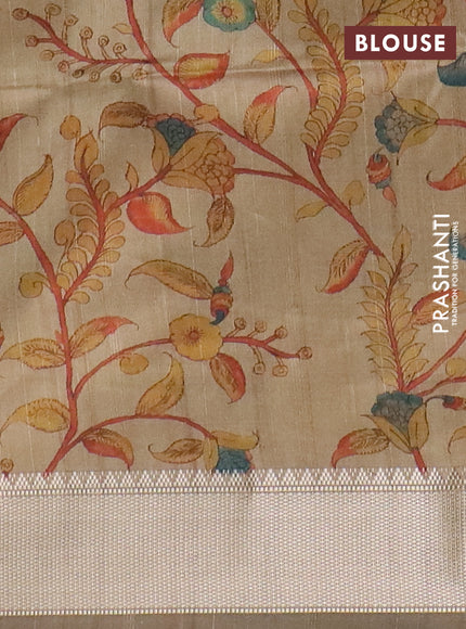 Semi dupion saree green and beige with plain body and kalamkari printed pallu