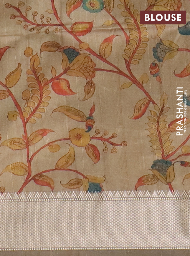 Semi dupion saree green and beige with plain body and kalamkari printed pallu