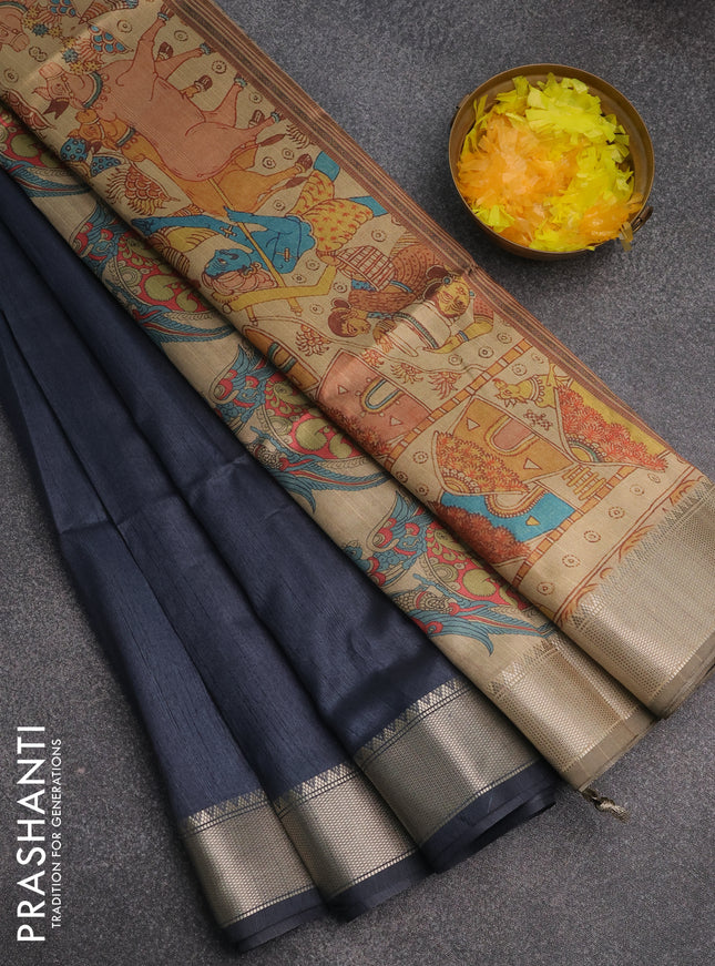 Semi dupion saree grey and beige with plain body and kalamkari printed pallu