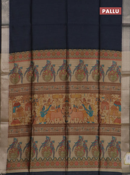 Semi dupion saree grey and beige with plain body and kalamkari printed pallu