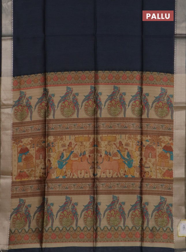 Semi dupion saree grey and beige with plain body and kalamkari printed pallu