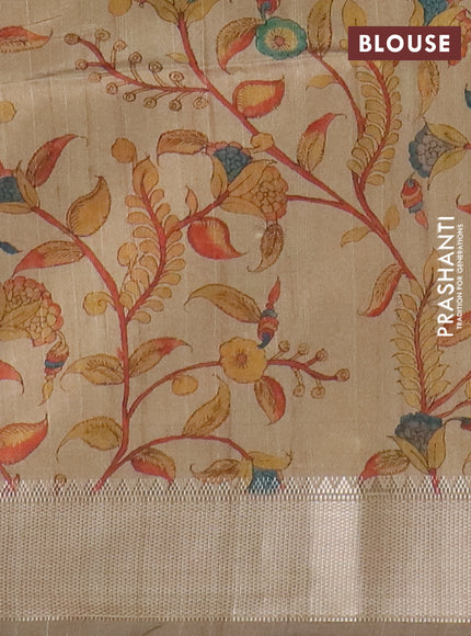 Semi dupion saree grey and beige with plain body and kalamkari printed pallu