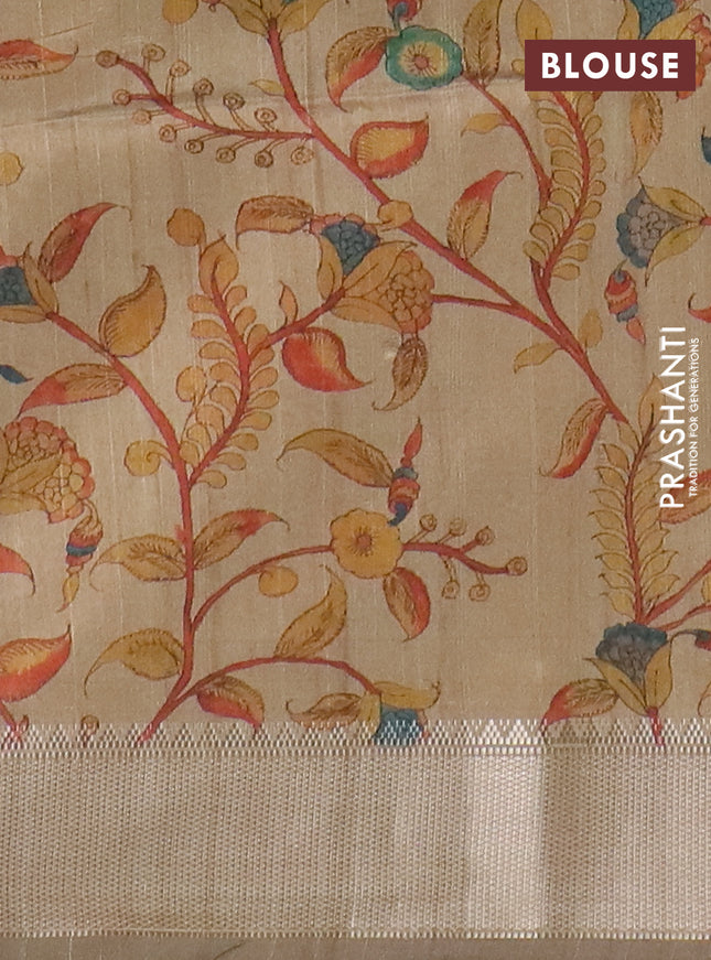 Semi dupion saree grey and beige with plain body and kalamkari printed pallu
