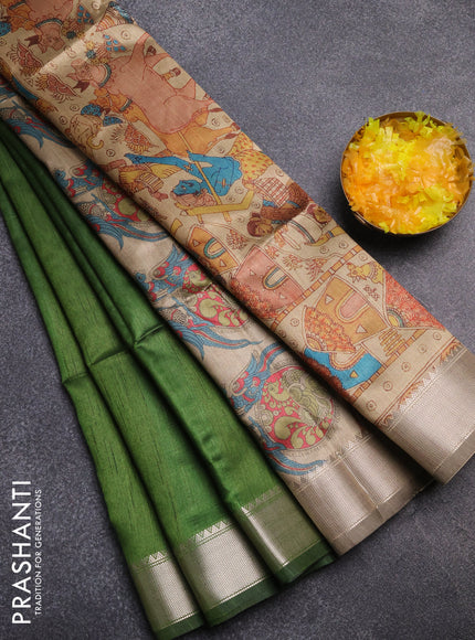 Semi dupion saree green and beige with plain body and kalamkari printed pallu