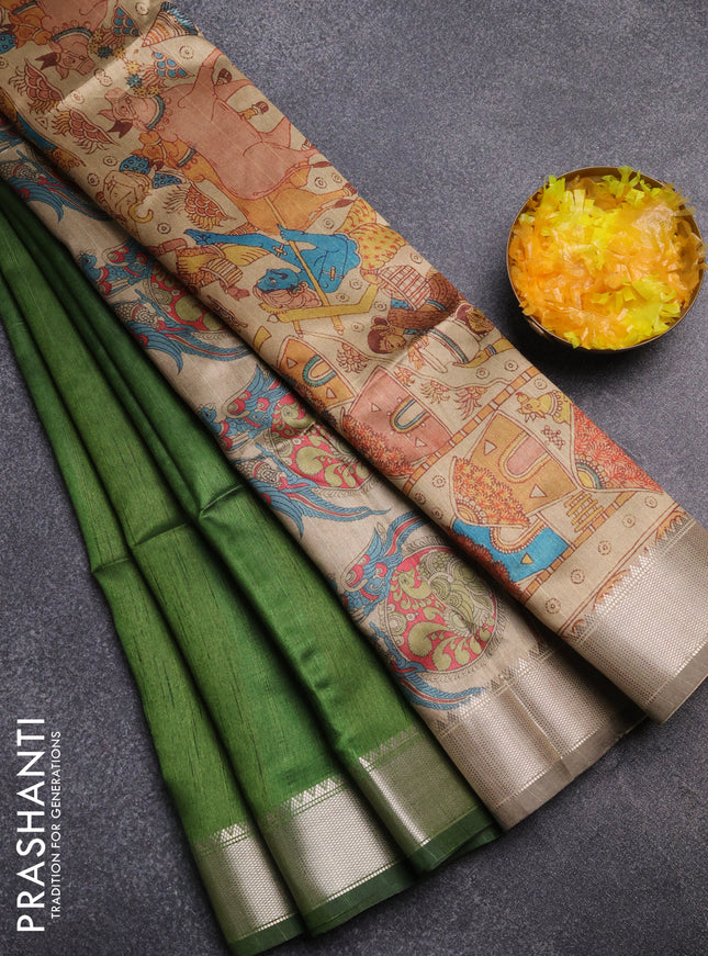 Semi dupion saree green and beige with plain body and kalamkari printed pallu