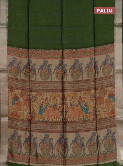 Semi dupion saree green and beige with plain body and kalamkari printed pallu