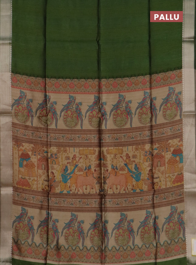 Semi dupion saree green and beige with plain body and kalamkari printed pallu