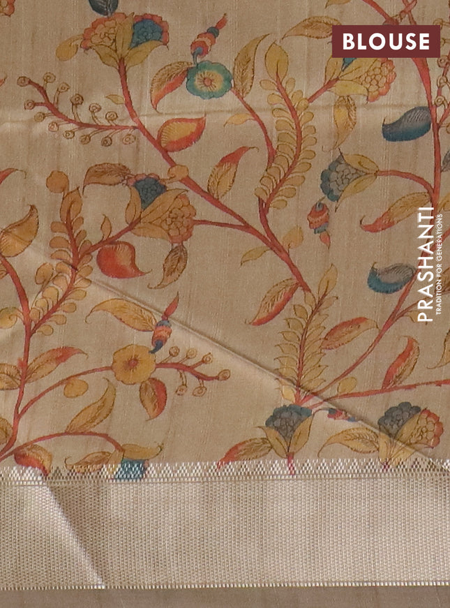 Semi dupion saree green and beige with plain body and kalamkari printed pallu
