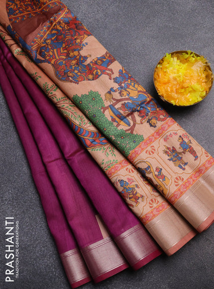 Semi dupion saree purple and dual shade of beige with plain body and kalamkari printed pallu