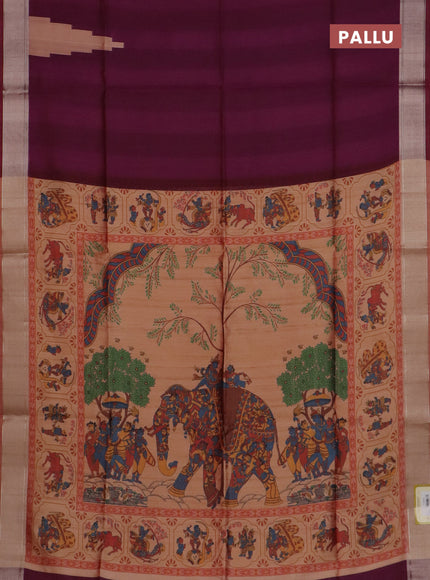 Semi dupion saree purple and dual shade of beige with plain body and kalamkari printed pallu