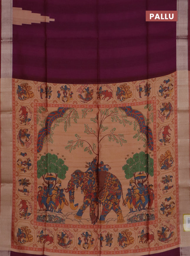 Semi dupion saree purple and dual shade of beige with plain body and kalamkari printed pallu