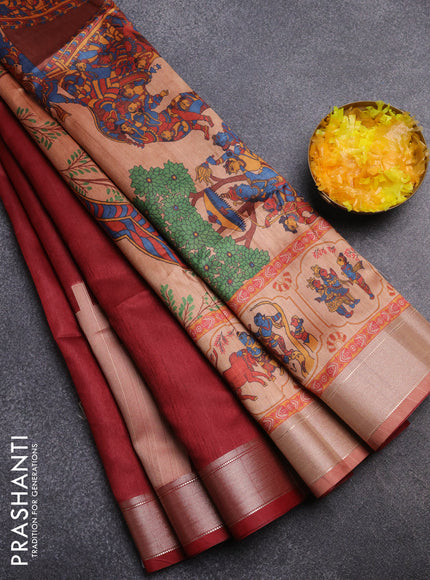 Semi dupion saree maroon and dual shade of beige with plain body and kalamkari printed pallu