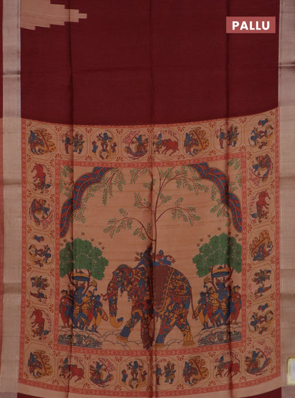 Semi dupion saree maroon and dual shade of beige with plain body and kalamkari printed pallu