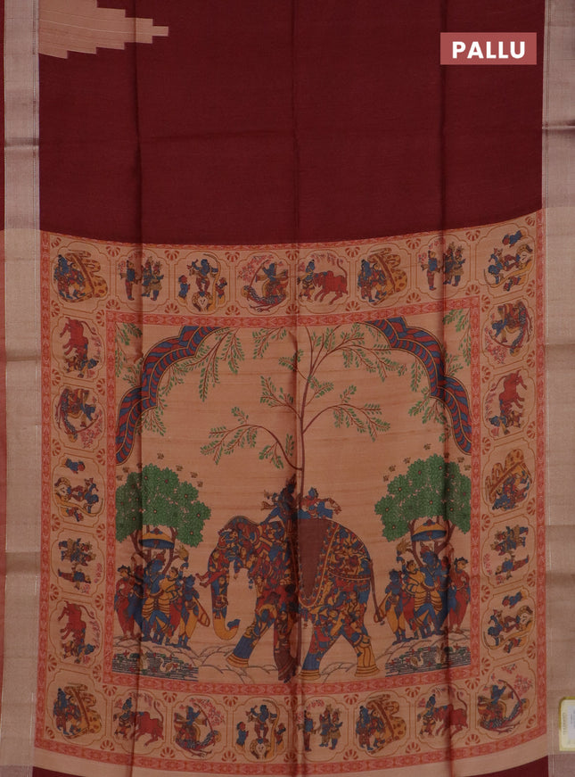 Semi dupion saree maroon and dual shade of beige with plain body and kalamkari printed pallu