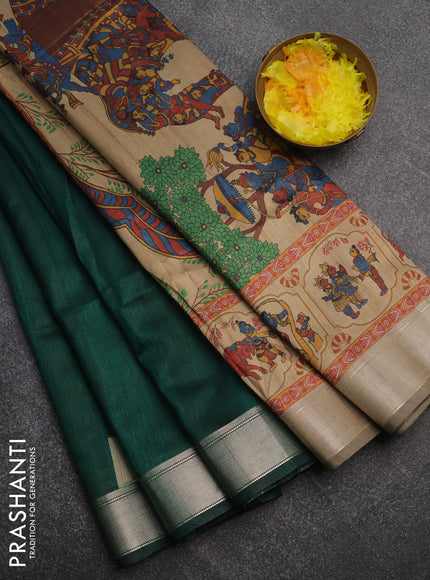 Semi dupion saree dark green and beige with plain body and kalamkari printed pallu