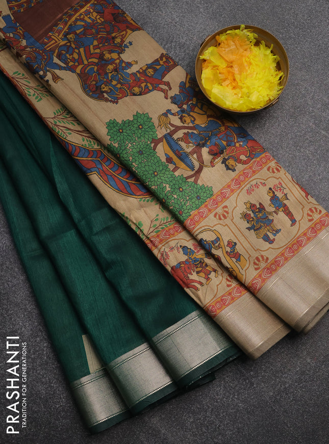 Semi dupion saree dark green and beige with plain body and kalamkari printed pallu