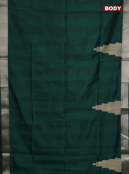 Semi dupion saree dark green and beige with plain body and kalamkari printed pallu