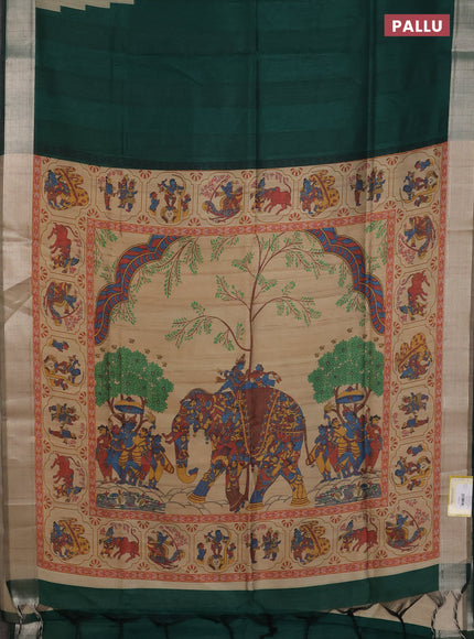 Semi dupion saree dark green and beige with plain body and kalamkari printed pallu