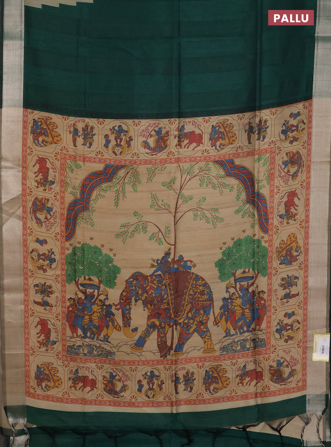 Semi dupion saree dark green and beige with plain body and kalamkari printed pallu