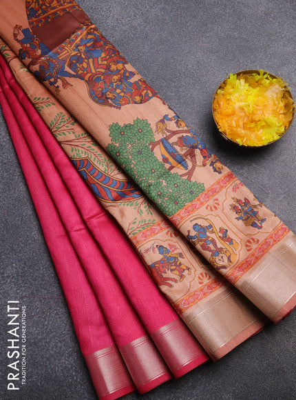 Semi dupion saree pink and dual shade of beige with plain body and kalamkari printed pallu