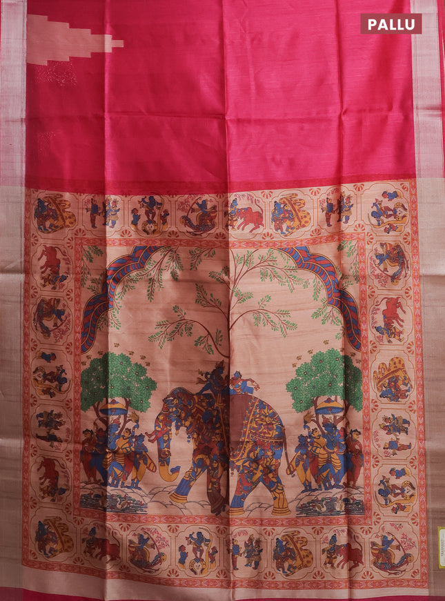 Semi dupion saree pink and dual shade of beige with plain body and kalamkari printed pallu