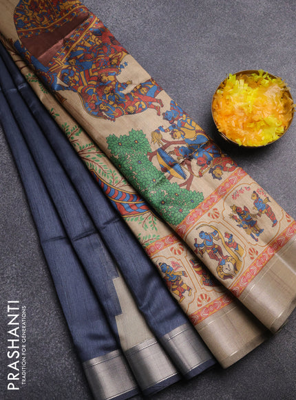Semi dupion saree grey and beige with plain body and kalamkari printed pallu