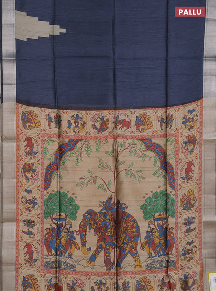 Semi dupion saree grey and beige with plain body and kalamkari printed pallu