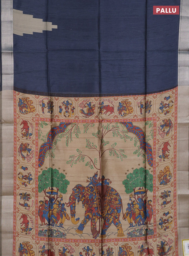 Semi dupion saree grey and beige with plain body and kalamkari printed pallu