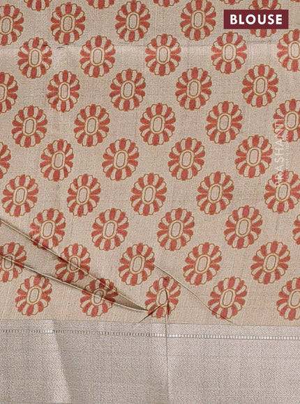 Semi dupion saree grey and beige with plain body and kalamkari printed pallu