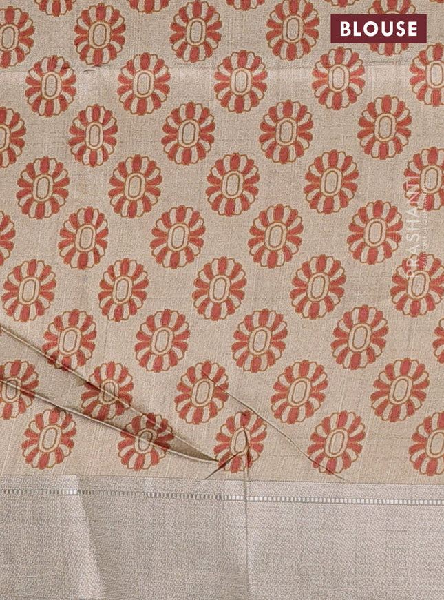 Semi dupion saree grey and beige with plain body and kalamkari printed pallu