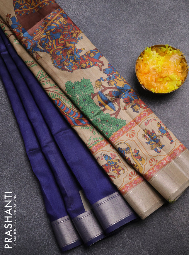 Semi dupion saree navy blue and beige with plain body and kalamkari printed pallu