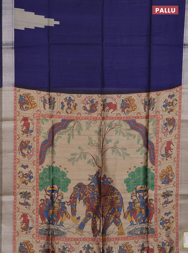 Semi dupion saree navy blue and beige with plain body and kalamkari printed pallu
