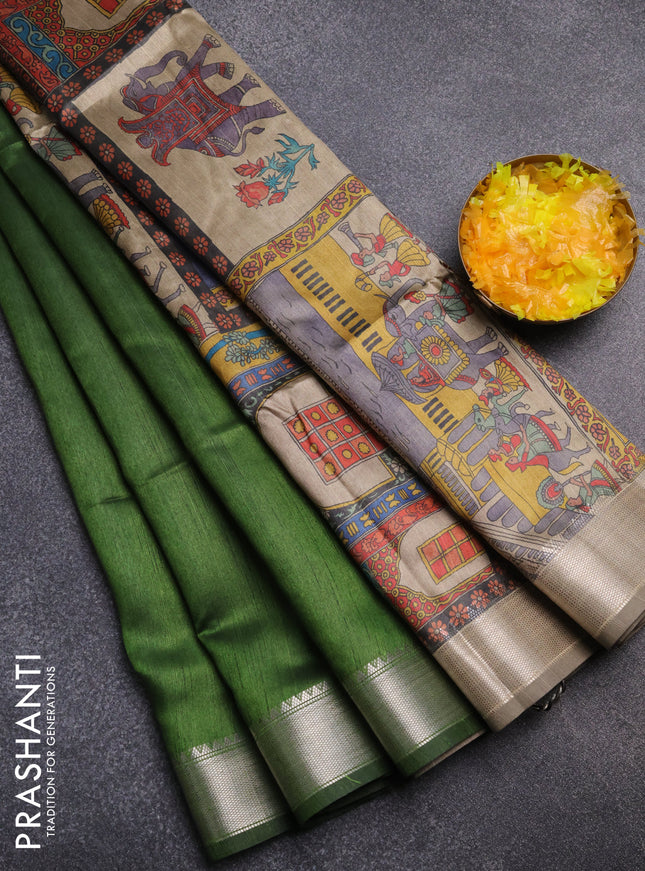 Semi dupion saree green and beige with plain body and kalamkari printed pallu