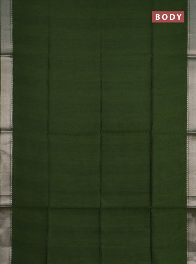 Semi dupion saree green and beige with plain body and kalamkari printed pallu