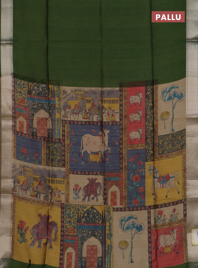 Semi dupion saree green and beige with plain body and kalamkari printed pallu