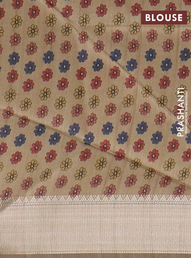 Semi dupion saree green and beige with plain body and kalamkari printed pallu