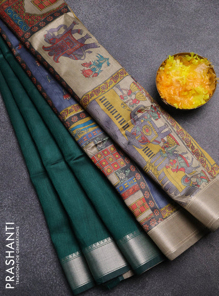 Semi dupion saree green and beige with plain body and kalamkari printed pallu