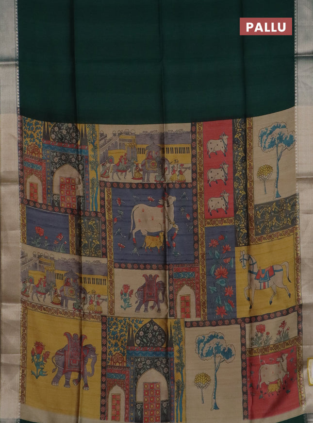 Semi dupion saree green and beige with plain body and kalamkari printed pallu