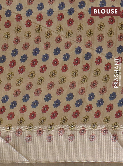 Semi dupion saree green and beige with plain body and kalamkari printed pallu