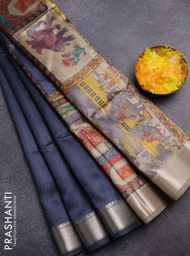 Semi dupion saree grey and beige with plain body and kalamkari printed pallu