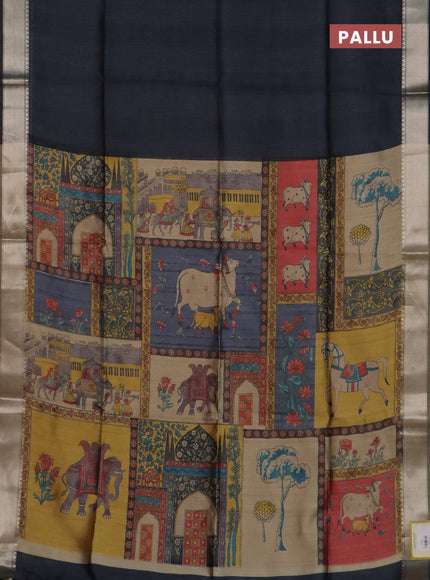 Semi dupion saree grey and beige with plain body and kalamkari printed pallu