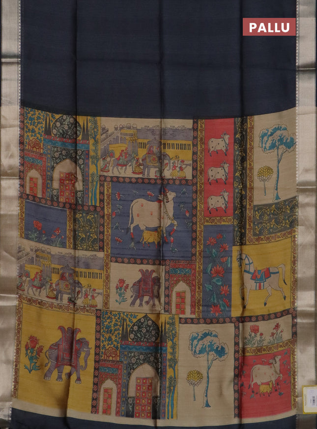 Semi dupion saree grey and beige with plain body and kalamkari printed pallu