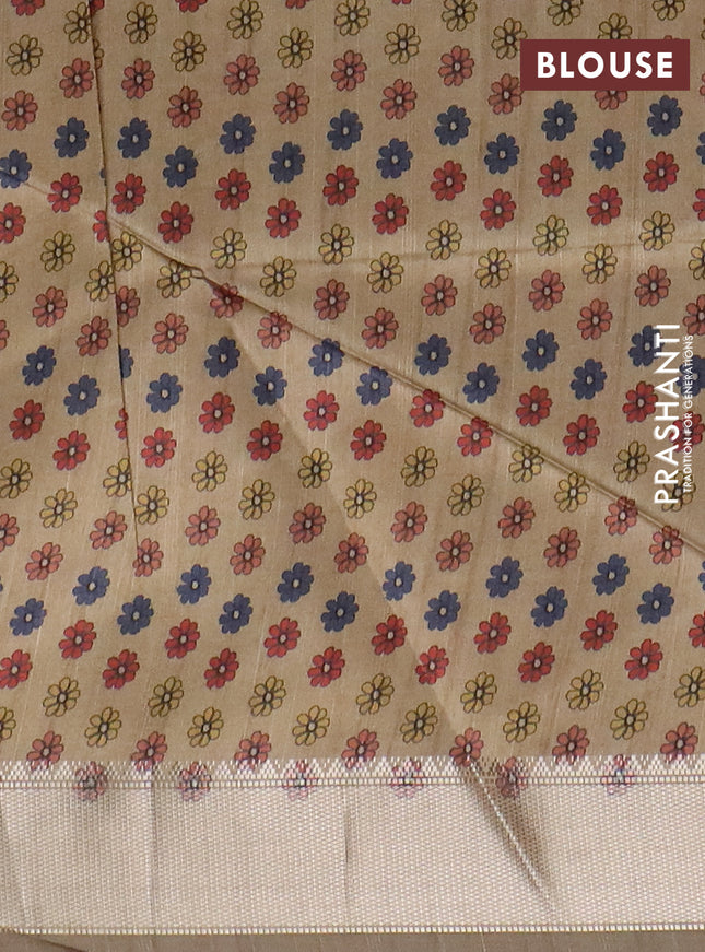 Semi dupion saree grey and beige with plain body and kalamkari printed pallu
