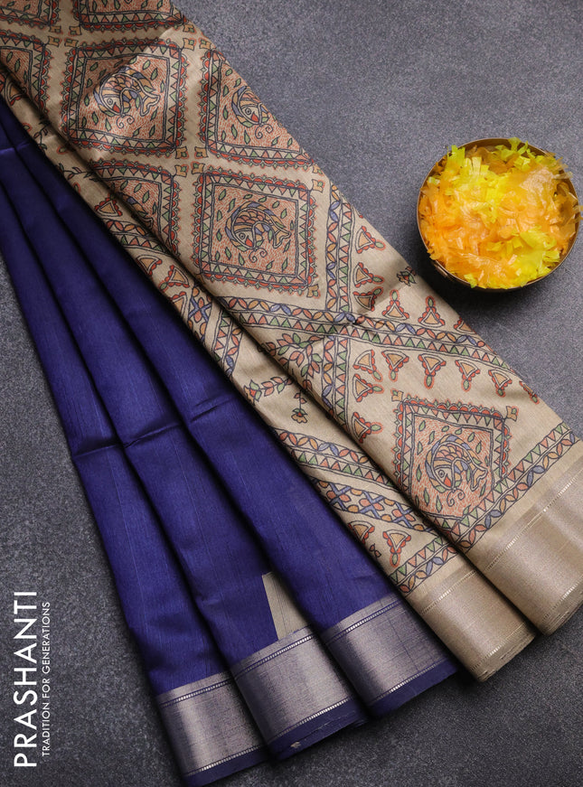 Semi dupion saree navy blue and beige with plain body and madhubani printed pallu