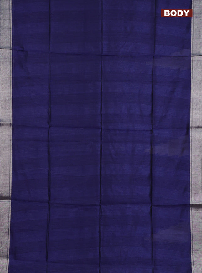 Semi dupion saree navy blue and beige with plain body and madhubani printed pallu