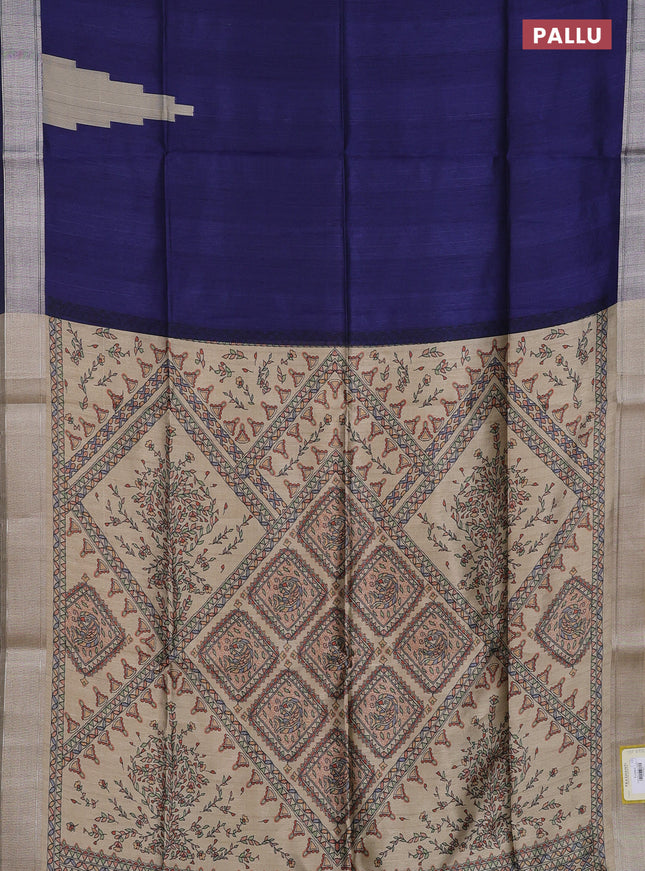 Semi dupion saree navy blue and beige with plain body and madhubani printed pallu