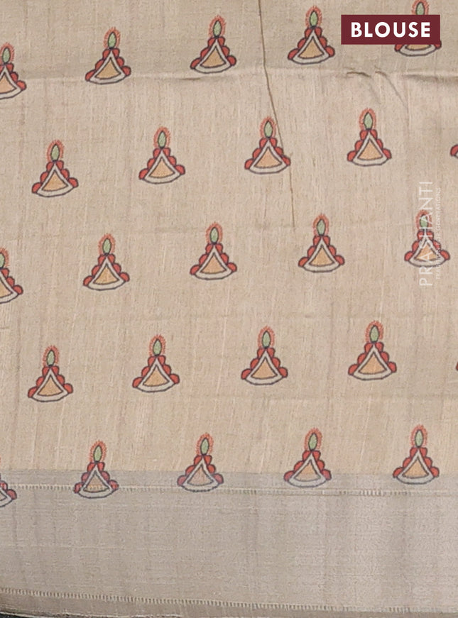 Semi dupion saree navy blue and beige with plain body and madhubani printed pallu