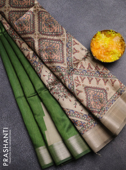 Semi dupion saree sap green and beige with plain body and madhubani printed pallu