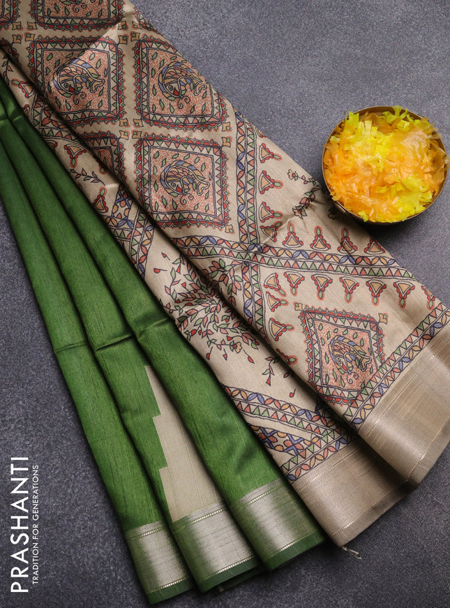 Semi dupion saree sap green and beige with plain body and madhubani printed pallu