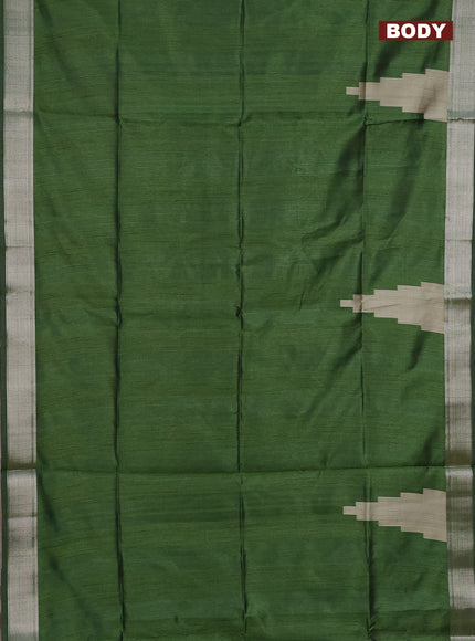 Semi dupion saree sap green and beige with plain body and madhubani printed pallu